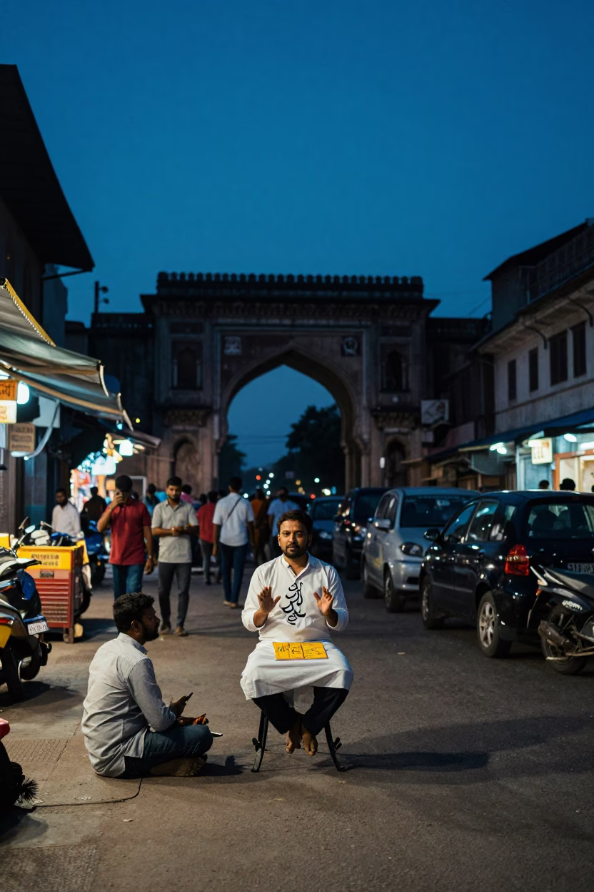 Evening Street Scene in Hyderabad India with Traditional Calligraphy Demonstration and Local Traffic in in Hyderabad, India