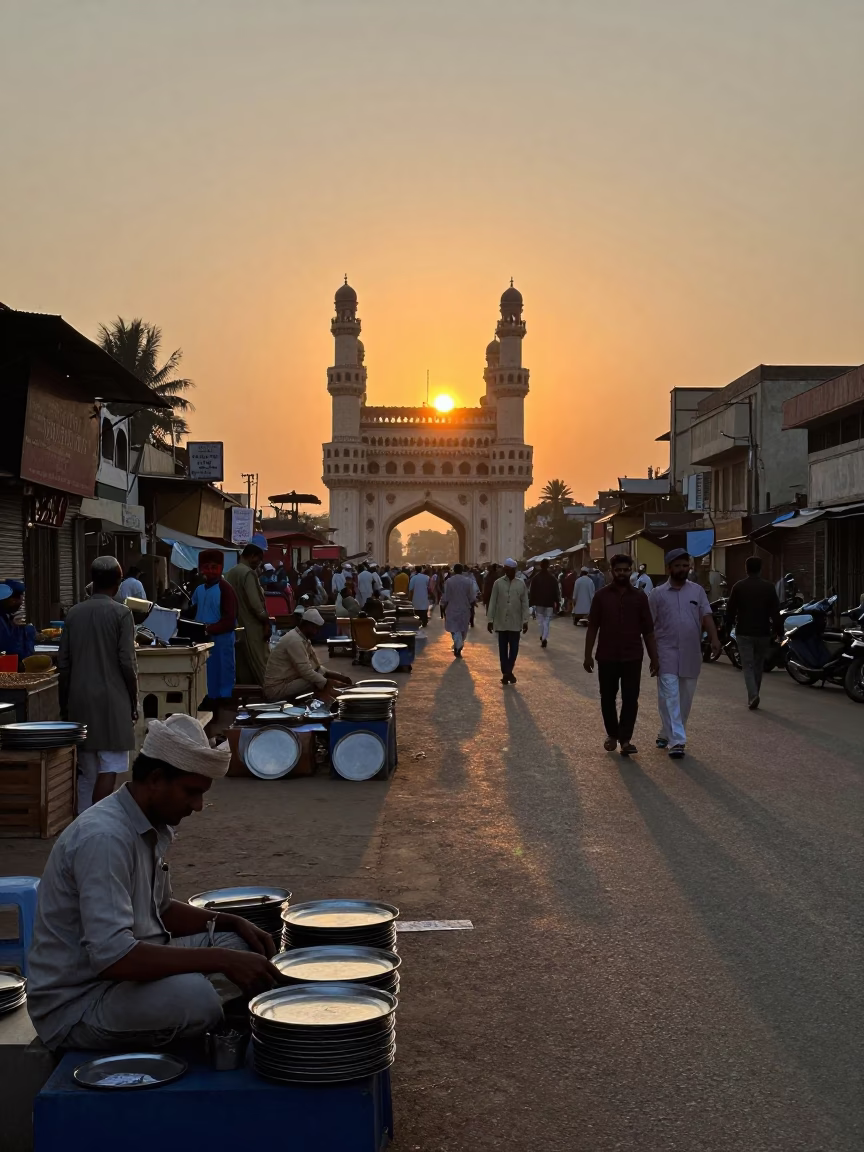 Evening street scene in Hyderabad India with vendors and sunset light in in Hyderabad, India