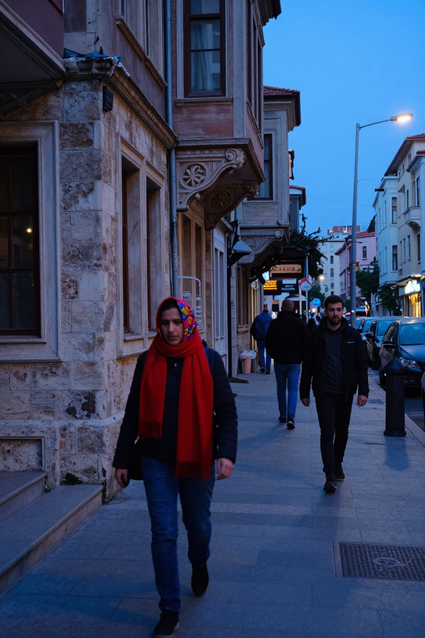 Evening Street Scene in Istanbul Turkey with Colorful Scarf and Urban Architecture in in Istanbul, Turkey