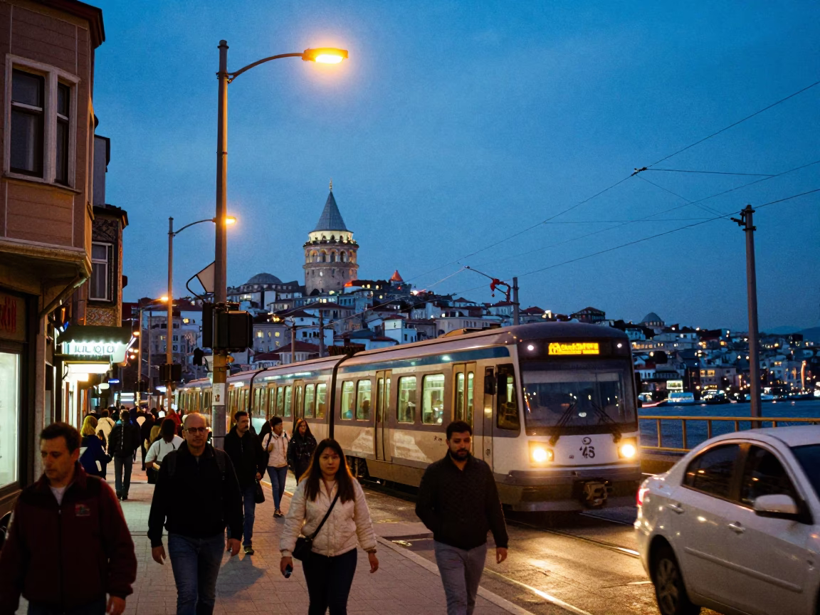 Evening Street Scene in Istanbul Turkey with Commuter Train and Blue Hour Lighting in in Istanbul, Turkey