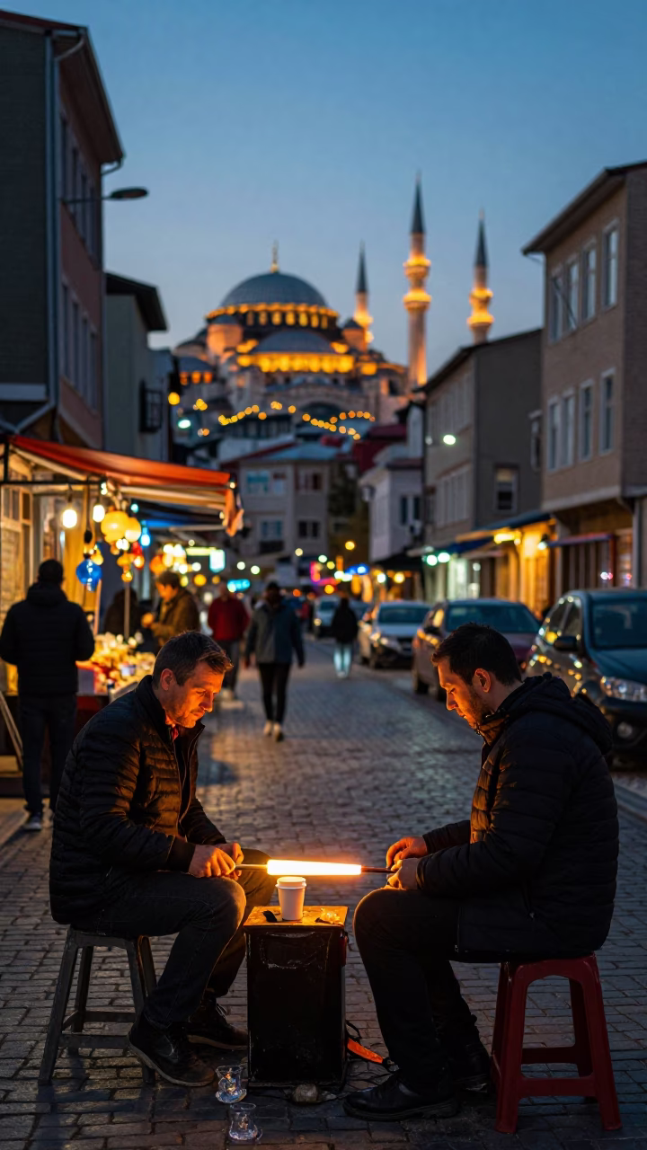 Evening Street Scene in Istanbul Turkey with Glass Blower and Cup in in Istanbul, Turkey