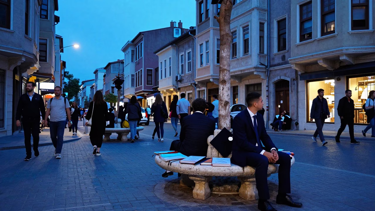 Evening Street Scene in Istanbul Turkey with Graduation Cap and Programs in in Istanbul, Turkey