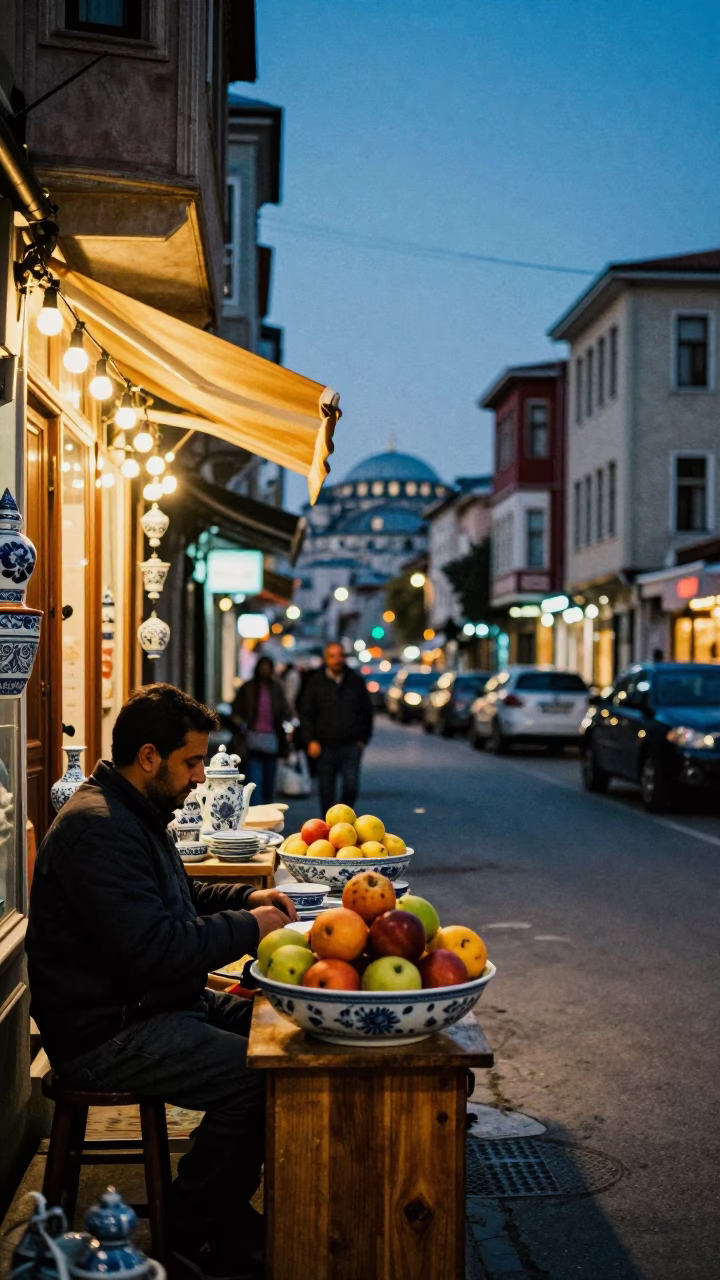 Evening Street Scene in Istanbul Turkey with String Lights and Porcelain Bowl in in Istanbul, Turkey