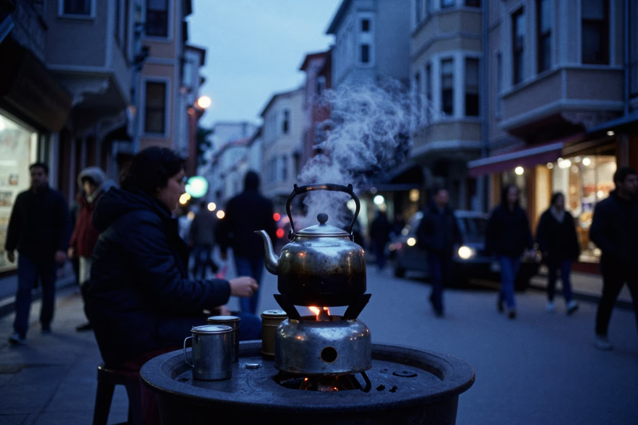 Evening Street Scene in Istanbul Turkey with Tea Kettle and Urban Details in in Istanbul, Turkey