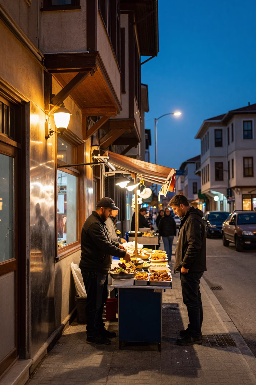 Evening Street Scene in Istanbul Turkey with Traditional Food and Urban Architecture in in Istanbul, Turkey