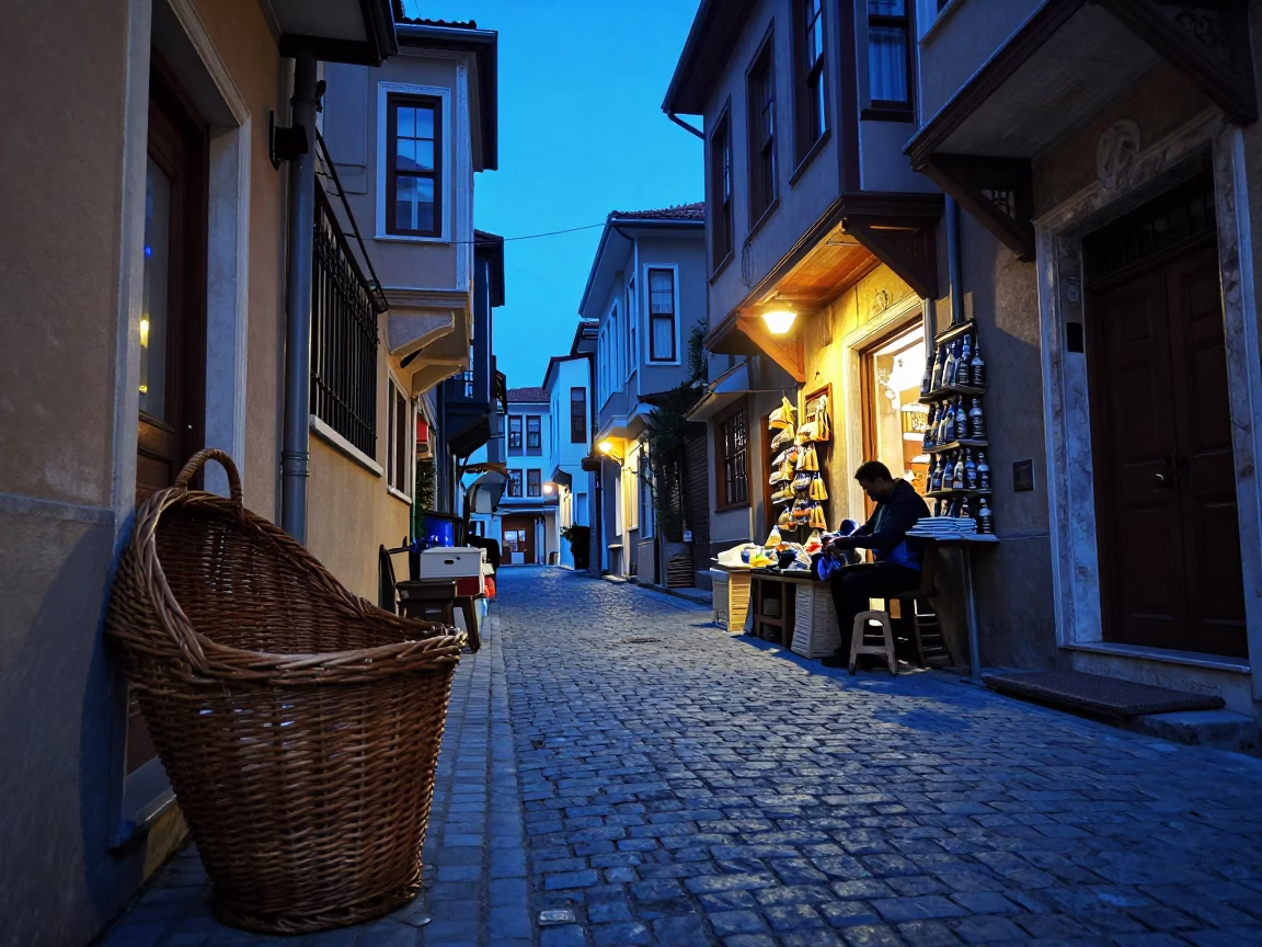 Evening Street Scene in Istanbul Turkey with Wicker Hamper and Indigo Fabric Drying in in Istanbul, Turkey