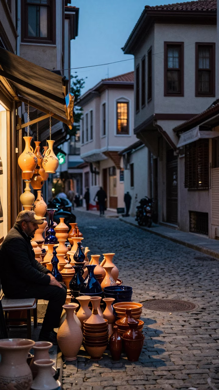 Evening street scene in Istanbul with stacked pottery and warm blue light in in Istanbul, Turkey