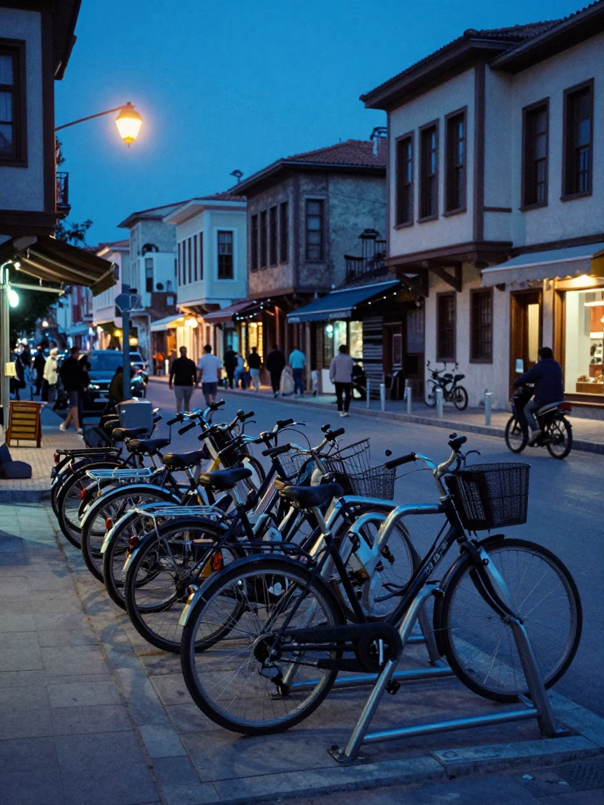 Evening Street Scene in Izmir Turkey with Bicycle Rack and Local Life in in Izmir, Turkey
