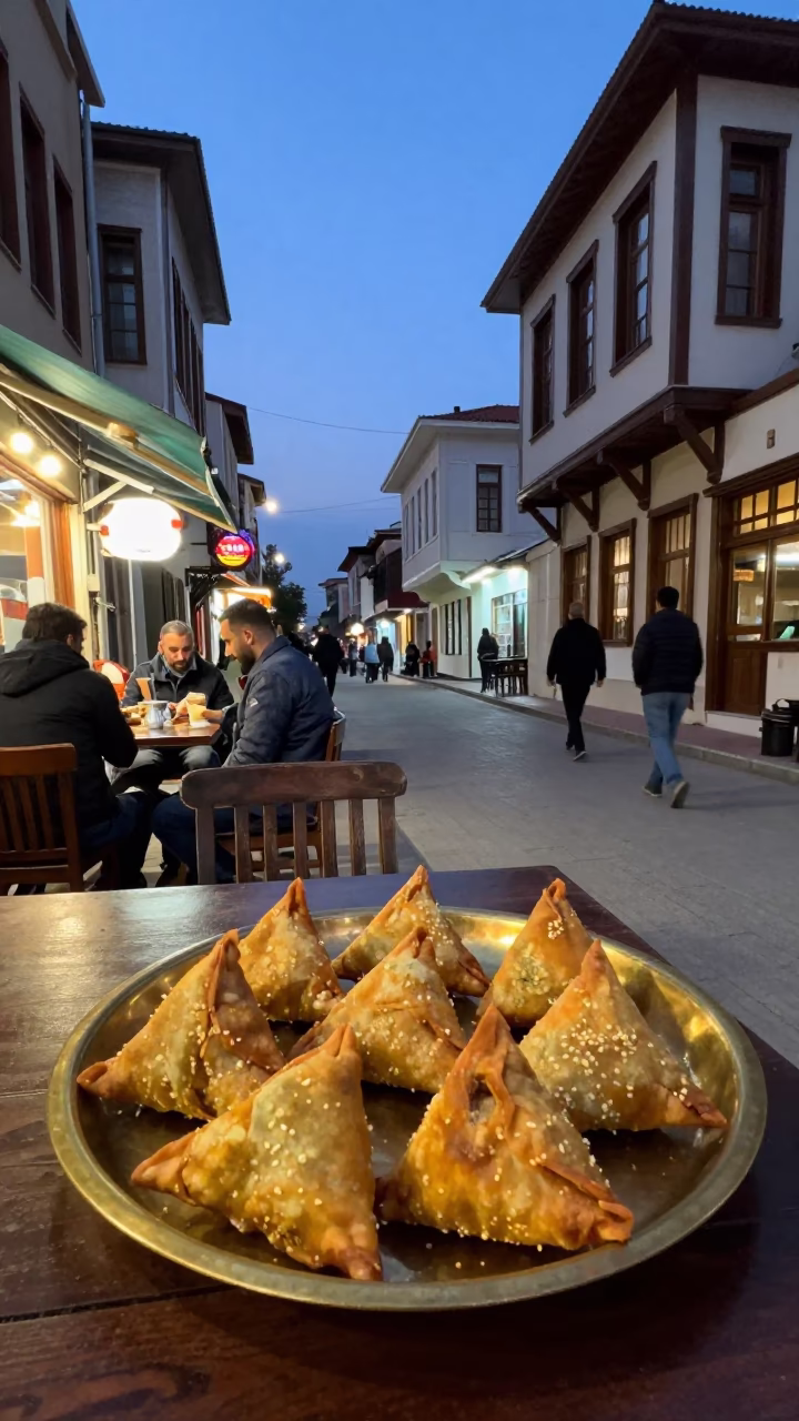 Evening Street Scene in Izmir Turkey with Brass Tea Tray and Samosas in in Izmir, Turkey