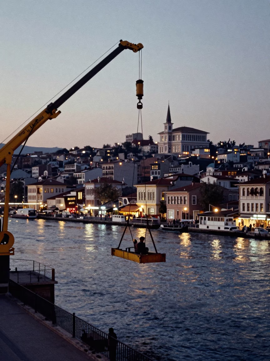 Evening Street Scene in Izmir Turkey with Bridge Maintenance Cradle and Local Life in in Izmir, Turkey