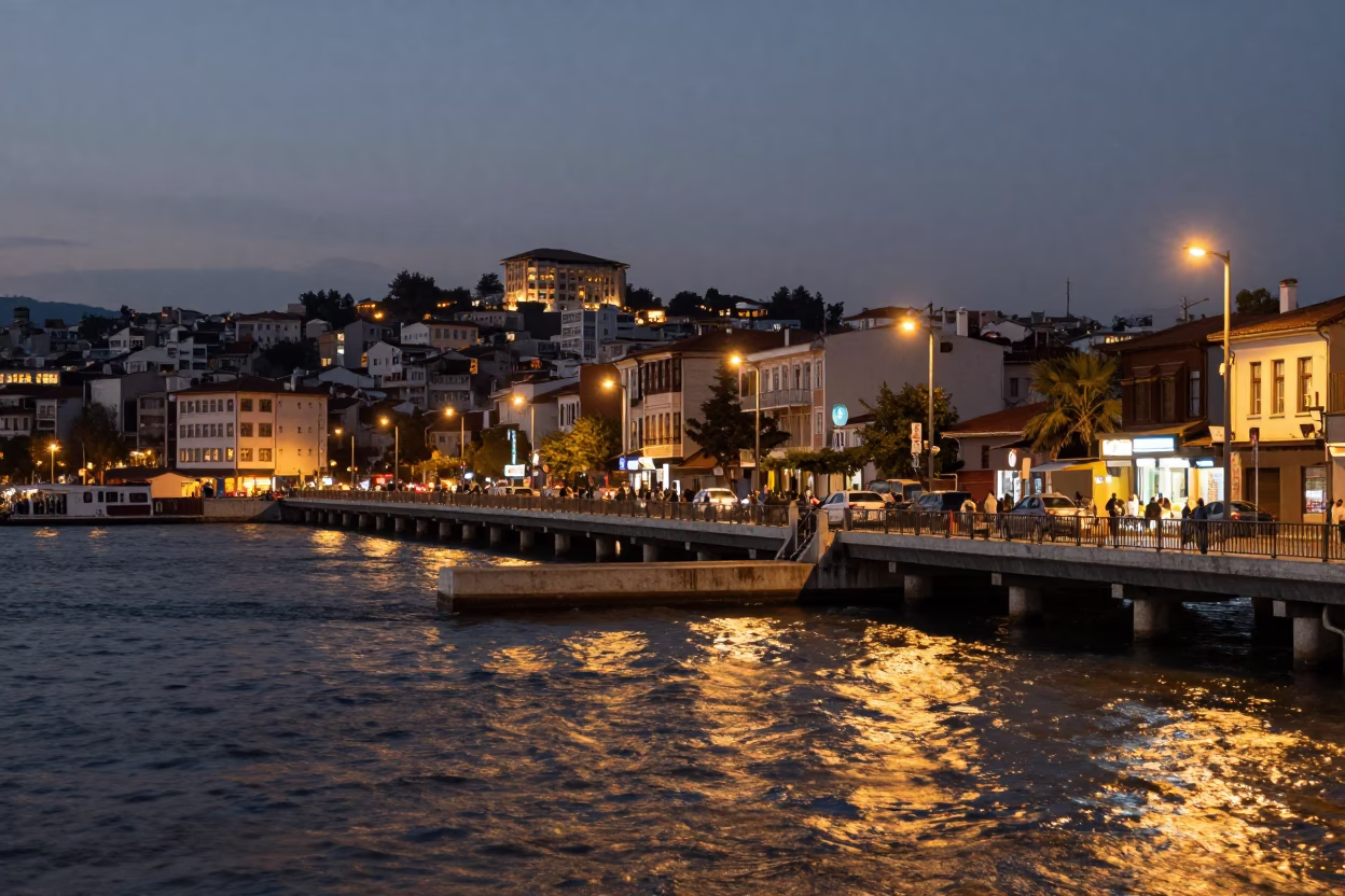 Evening Street Scene in Izmir Turkey with Bridge Pier and City Lights in in Izmir, Turkey