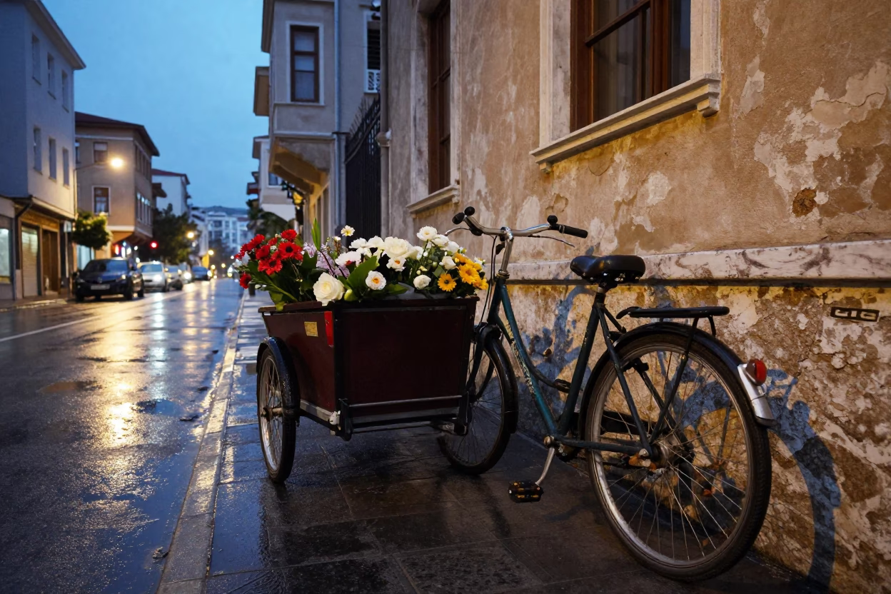 Evening Street Scene in Izmir Turkey with Cargo Bicycle and City Lights in in Izmir, Turkey