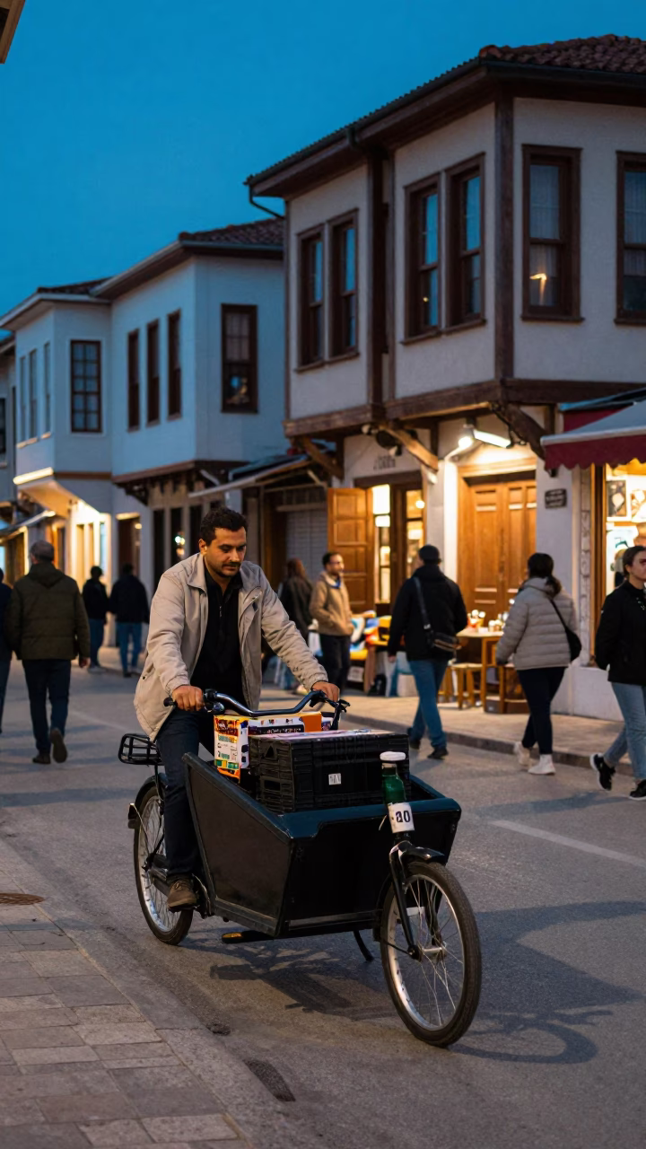 Evening Street Scene in Izmir Turkey with Cargo Bicycle and Local Life in in Izmir, Turkey