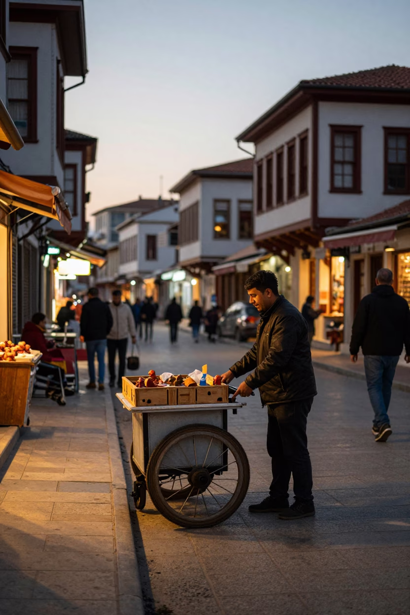 Evening Street Scene in Izmir Turkey with Caster Wheel and Urban Details in in Izmir, Turkey