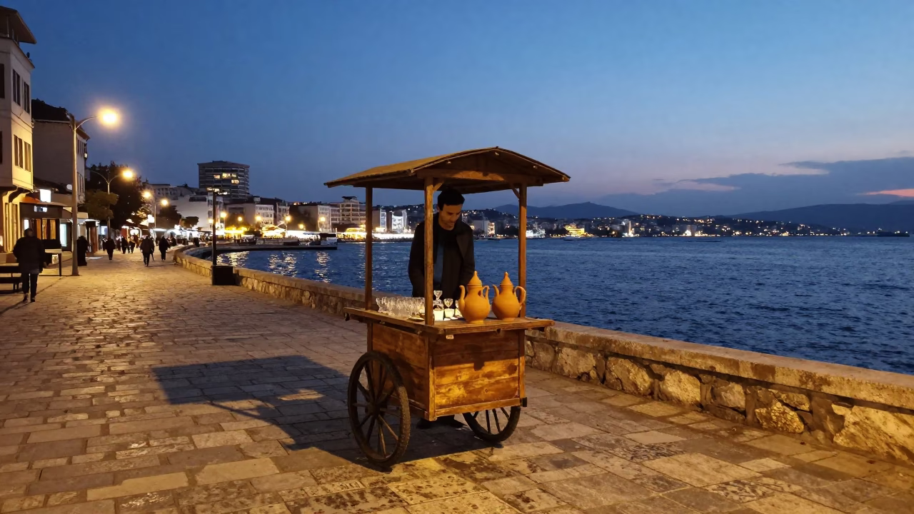 Evening Street Scene in Izmir Turkey with Clay Teapot and Glass Tumblers in in Izmir, Turkey