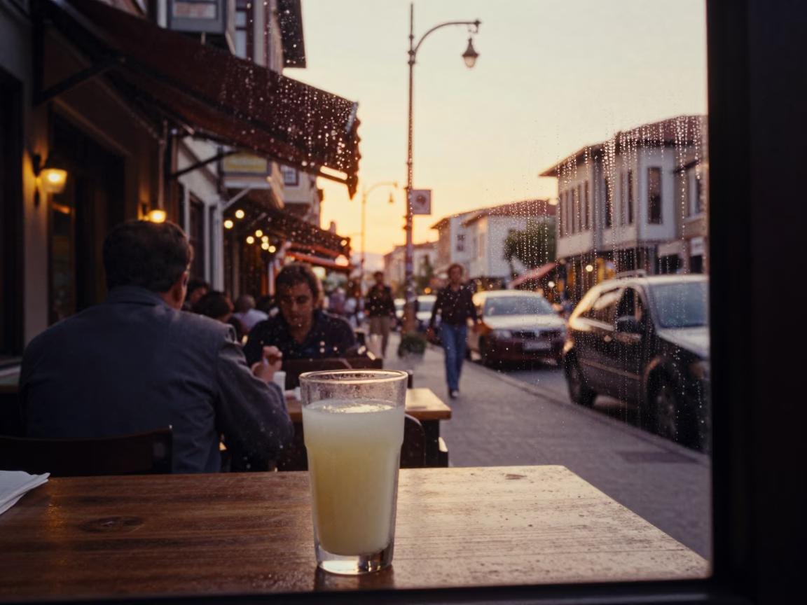 Evening Street Scene in Izmir Turkey with Condensation on Glass and Local Life in in Izmir, Turkey