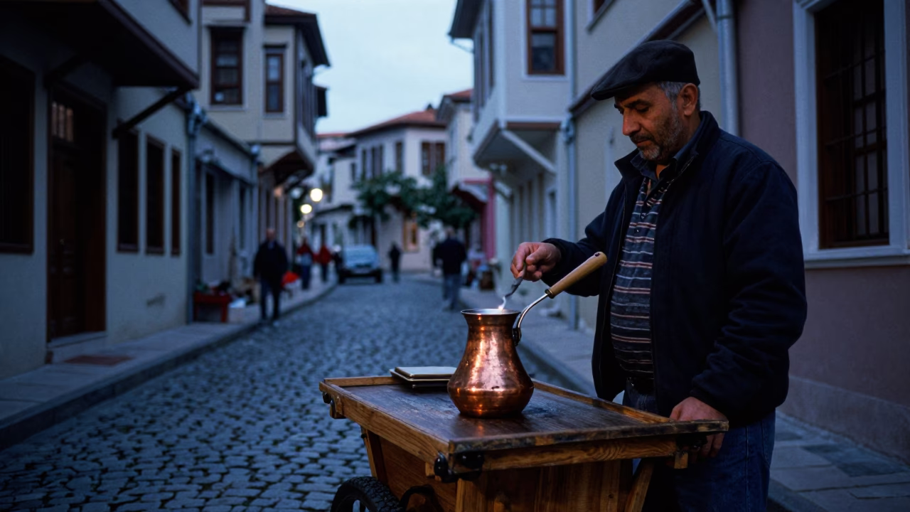 Evening Street Scene in Izmir Turkey with Copper Cezve and Vintage Broom in in Izmir, Turkey