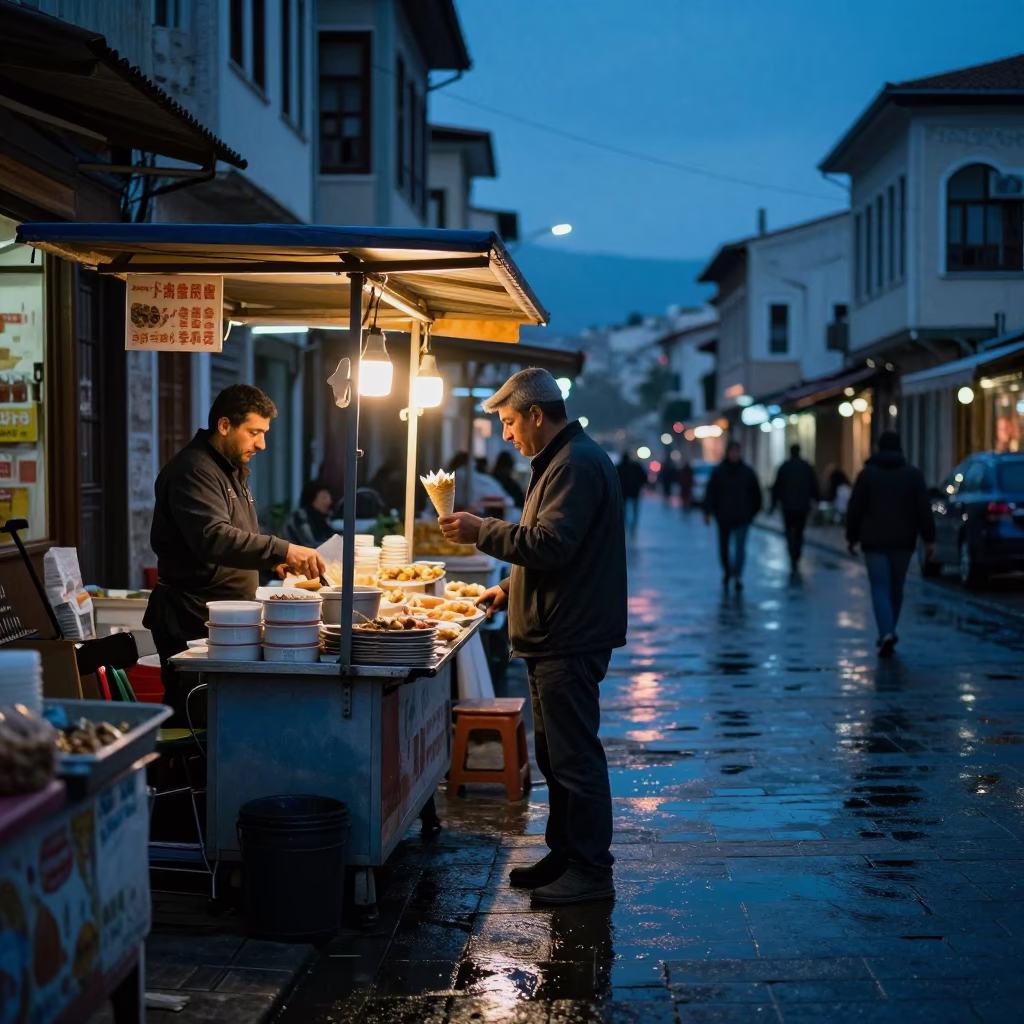 Evening street scene in Izmir Turkey with food vendor and urban backdrop in in Izmir, Turkey