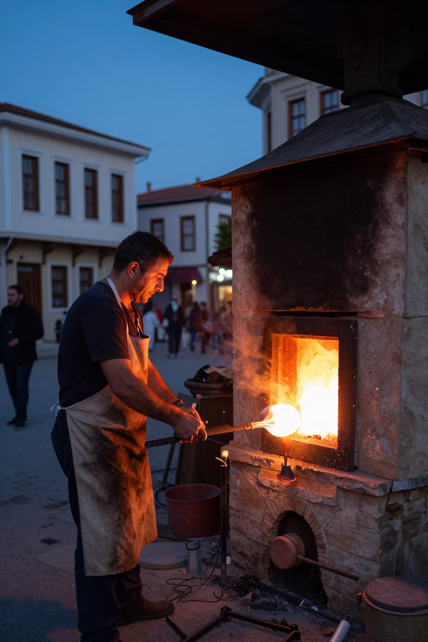 Evening Street Scene in Izmir Turkey with Glassblower Shaping Goblet at Furnace Door in in Izmir, Turkey