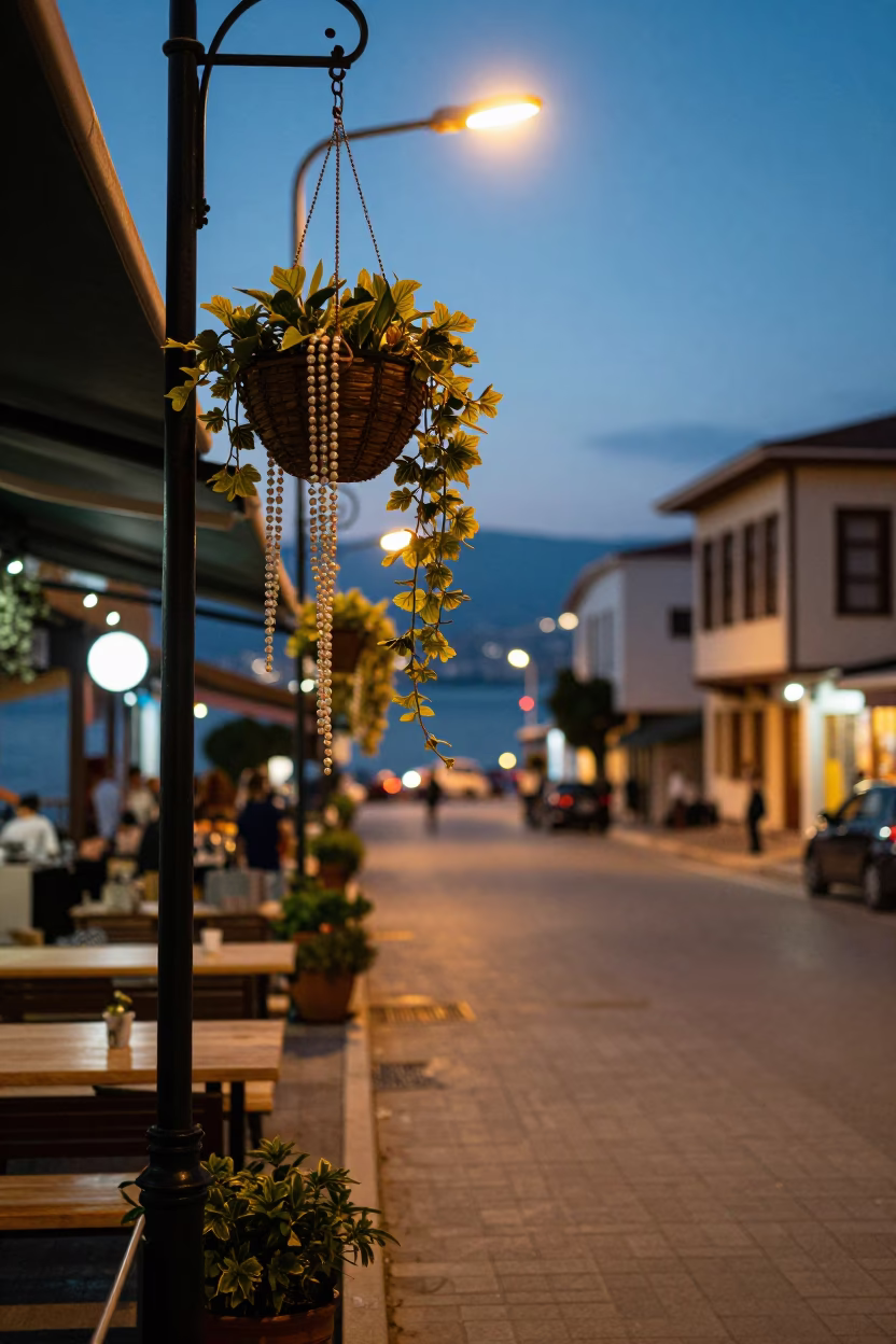 Evening Street Scene in Izmir Turkey with Hanging Plants and Outdoor Dining in in Izmir, Turkey