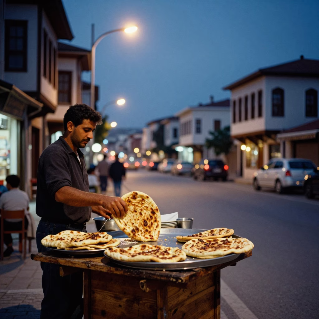 Evening Street Scene in Izmir Turkey with Lahmacun and Traditional Architecture in in Izmir, Turkey