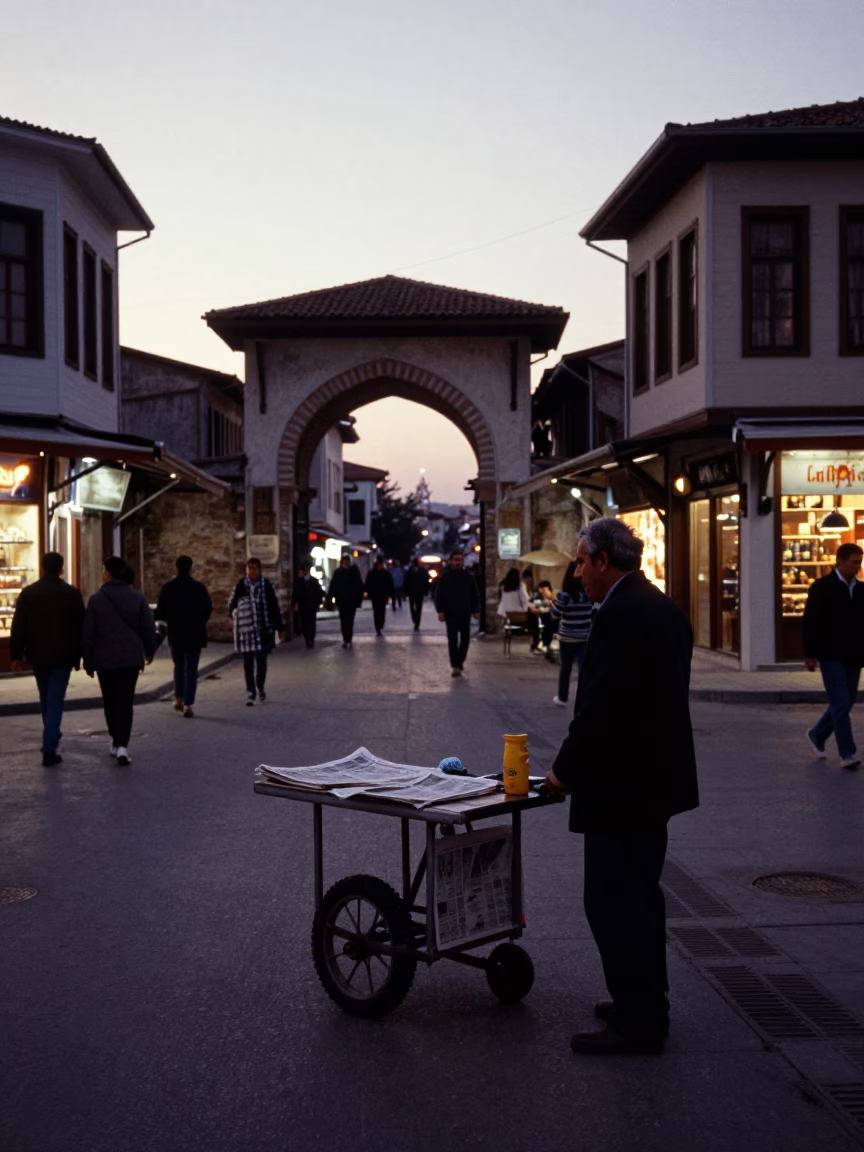 Evening Street Scene in Izmir Turkey with Local Newspaper Vendor and Urban Architecture in in Izmir, Turkey