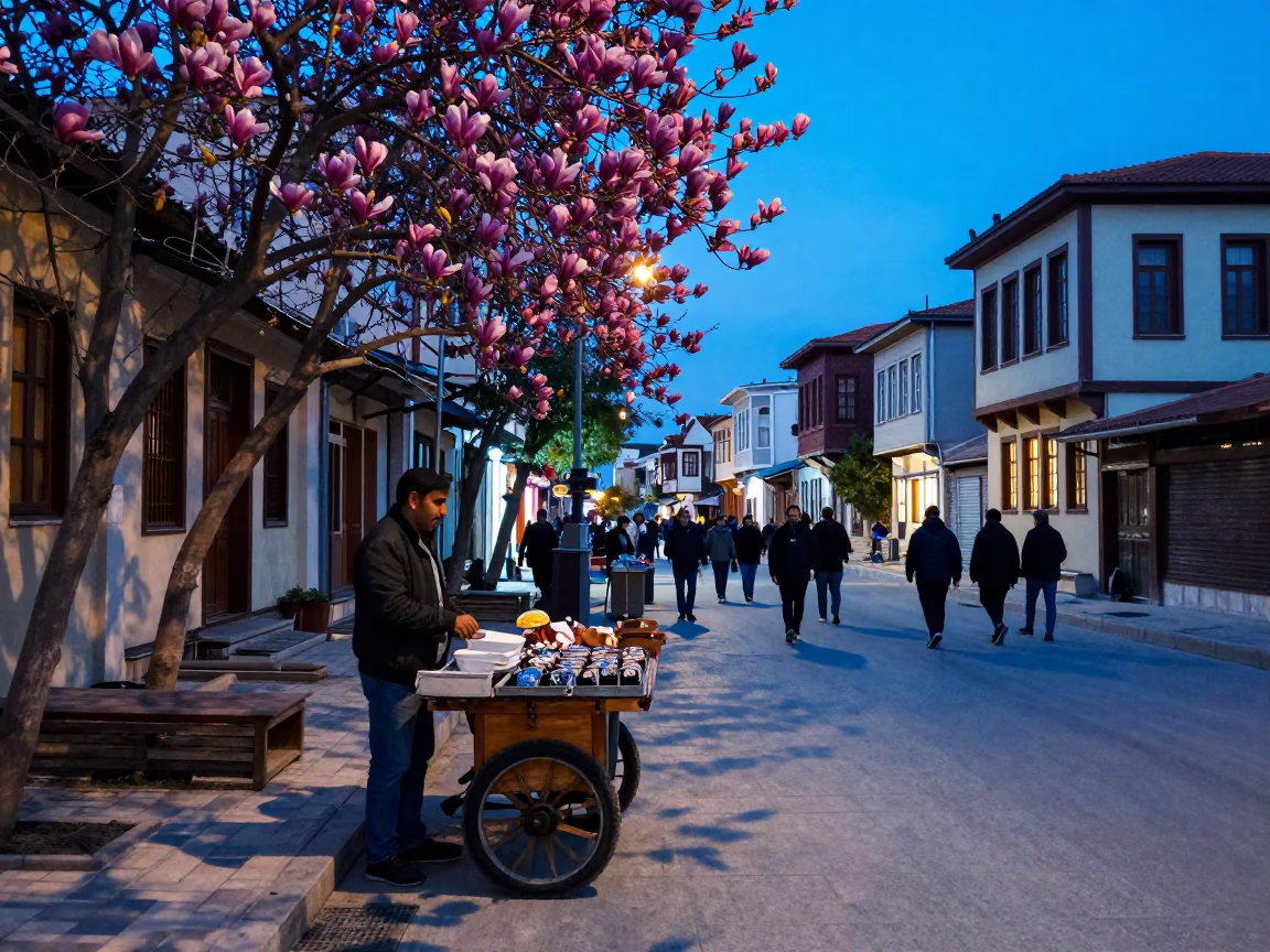 Evening Street Scene in Izmir Turkey with Local Vendor and Magnolia Tree in in Izmir, Turkey