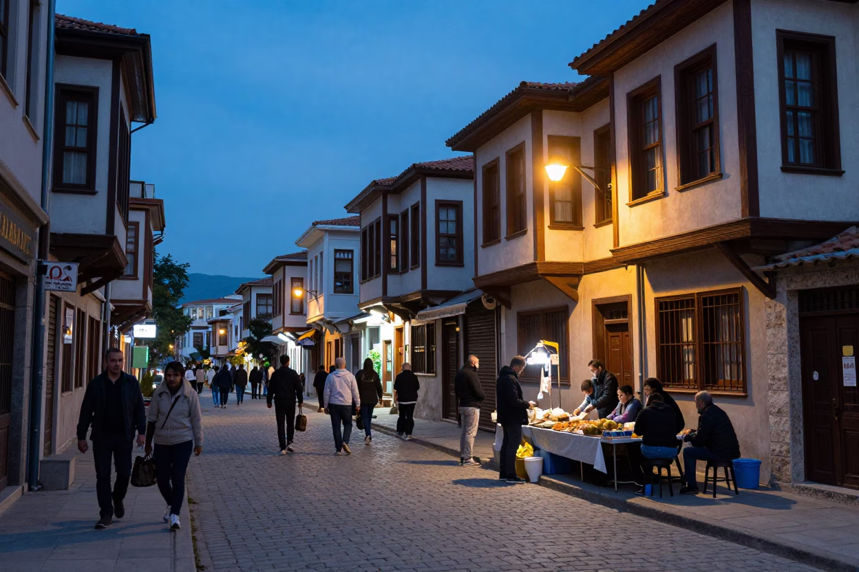 Evening Street Scene in Izmir Turkey with Local Vendors and Pedestrians Under Twilight Sky in in Izmir, Turkey