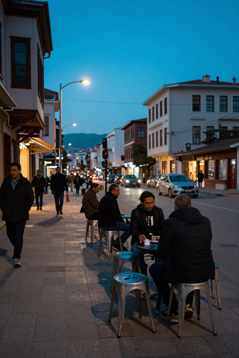 Evening Street Scene in Izmir Turkey with Metal Stools and Blue Porcelain in in Izmir, Turkey