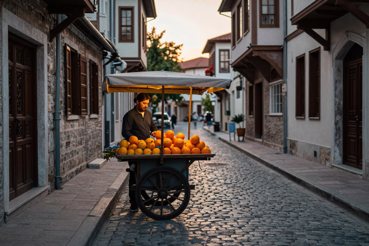 Evening Street Scene in Izmir Turkey with Orange Vendor in in Izmir, Turkey