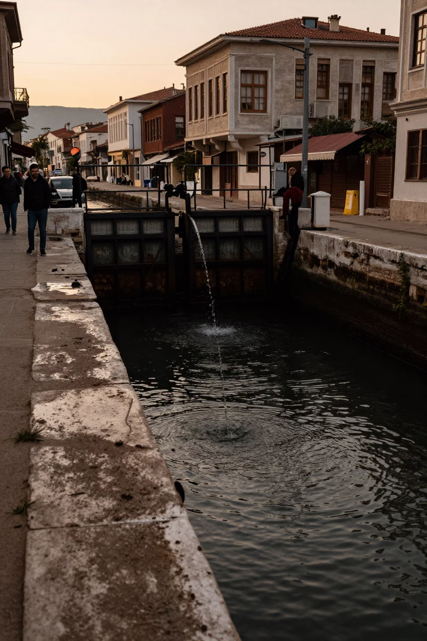 Evening Street Scene in Izmir Turkey with Sluice Gate and Canal in in Izmir, Turkey