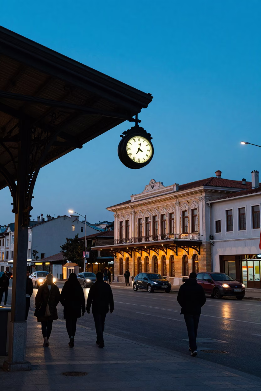 Evening Street Scene in Izmir Turkey with Train Station Clock and Local Life in in Izmir, Turkey