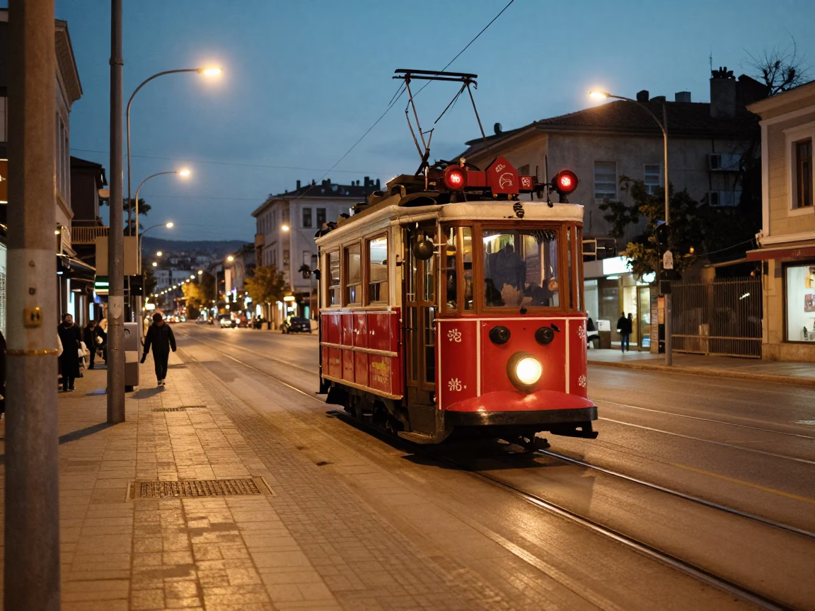 Evening street scene in Izmir Turkey with tram and city lights glowing in in Izmir, Turkey