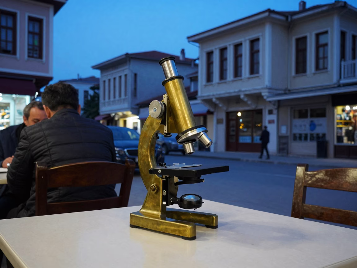Evening Street Scene in Izmir Turkey with Vintage Brass Microscope on Table in in Izmir, Turkey