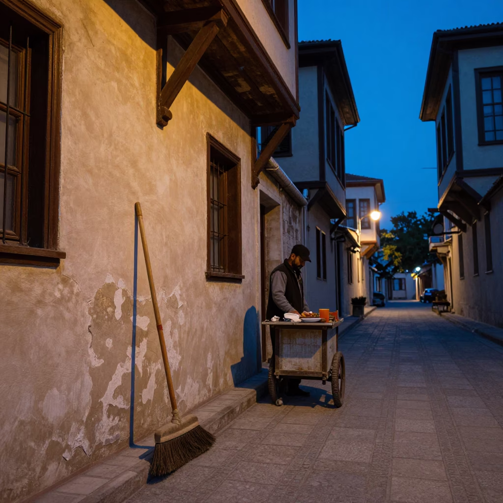 Evening Street Scene in Izmir Turkey with Vintage Broom and Brushed Steel Details in in Izmir, Turkey