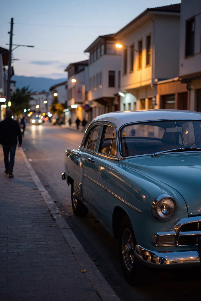 Evening Street Scene in Izmir Turkey with Vintage Car and City Lights in in Izmir, Turkey