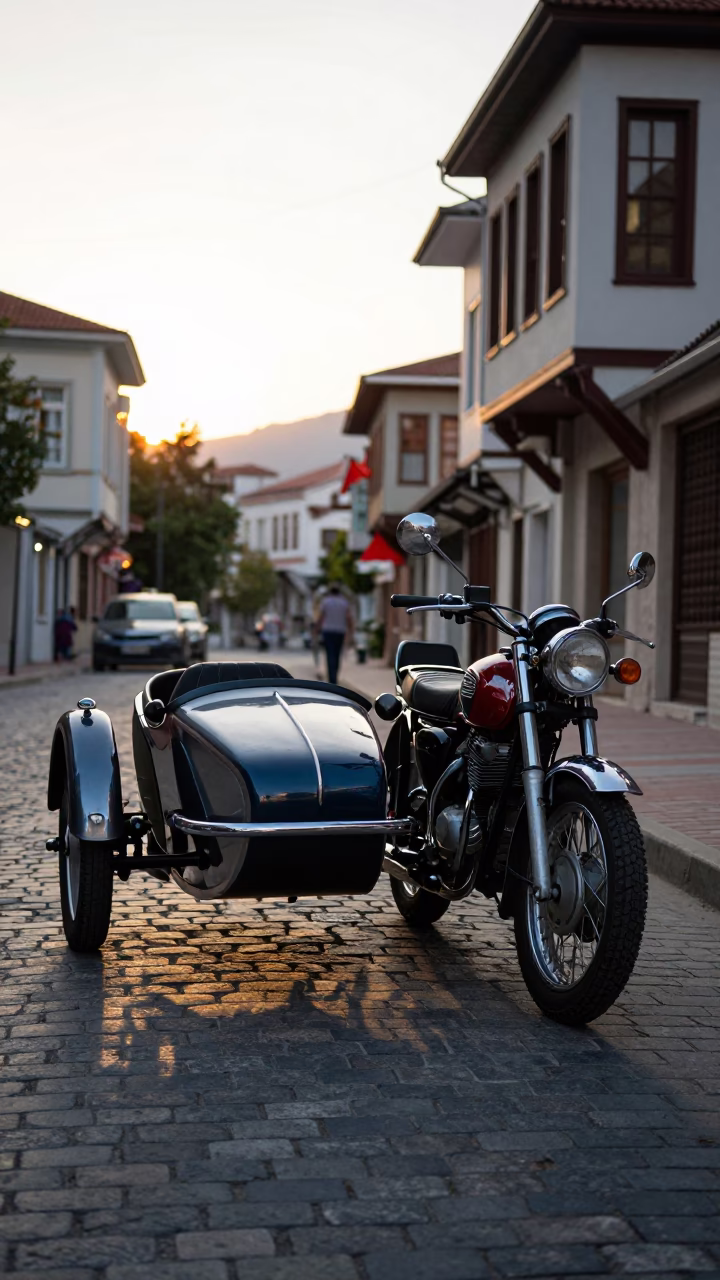 Evening Street Scene in Izmir Turkey with Vintage Motorcycle and Sidecar in in Izmir, Turkey