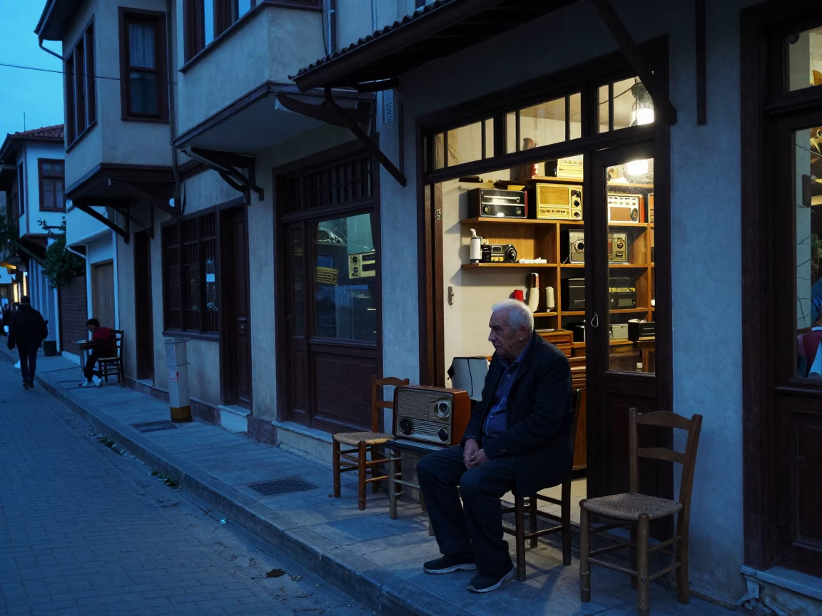 Evening Street Scene in Izmir Turkey with Vintage Radio and Chair in in Izmir, Turkey