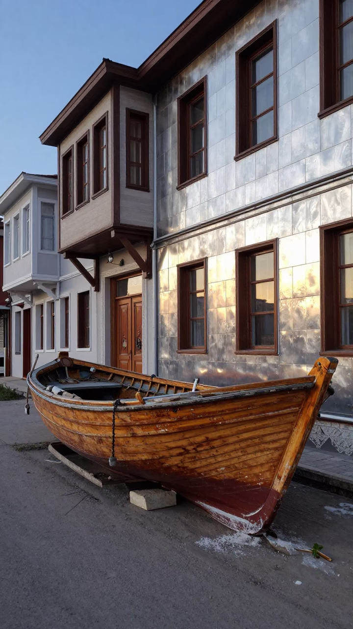 Evening Street Scene in Izmir Turkey with Wooden Fishing Boat and Steel Detail in in Izmir, Turkey