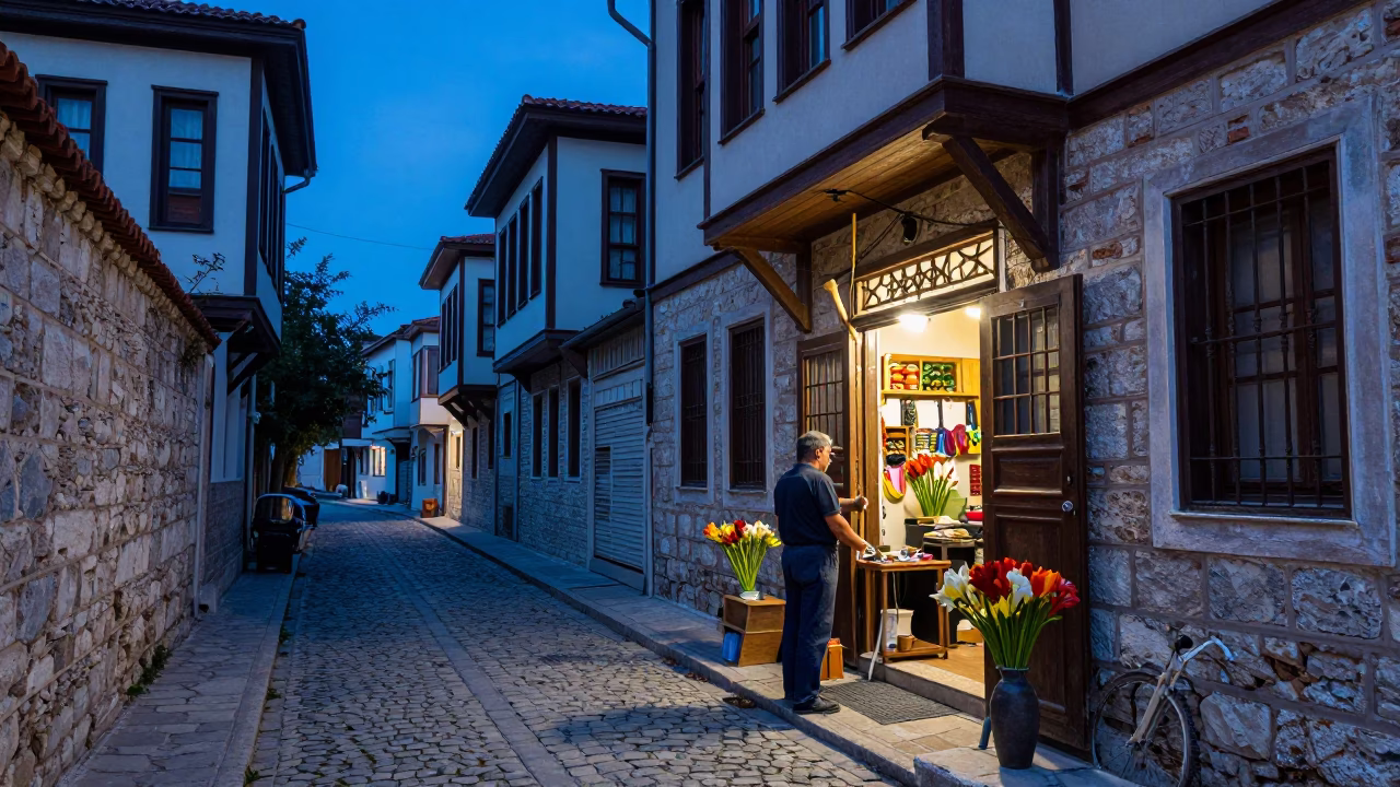 Evening Street Scene in Izmir Turkey with Wooden Mallet and Freesia Spray in in Izmir, Turkey