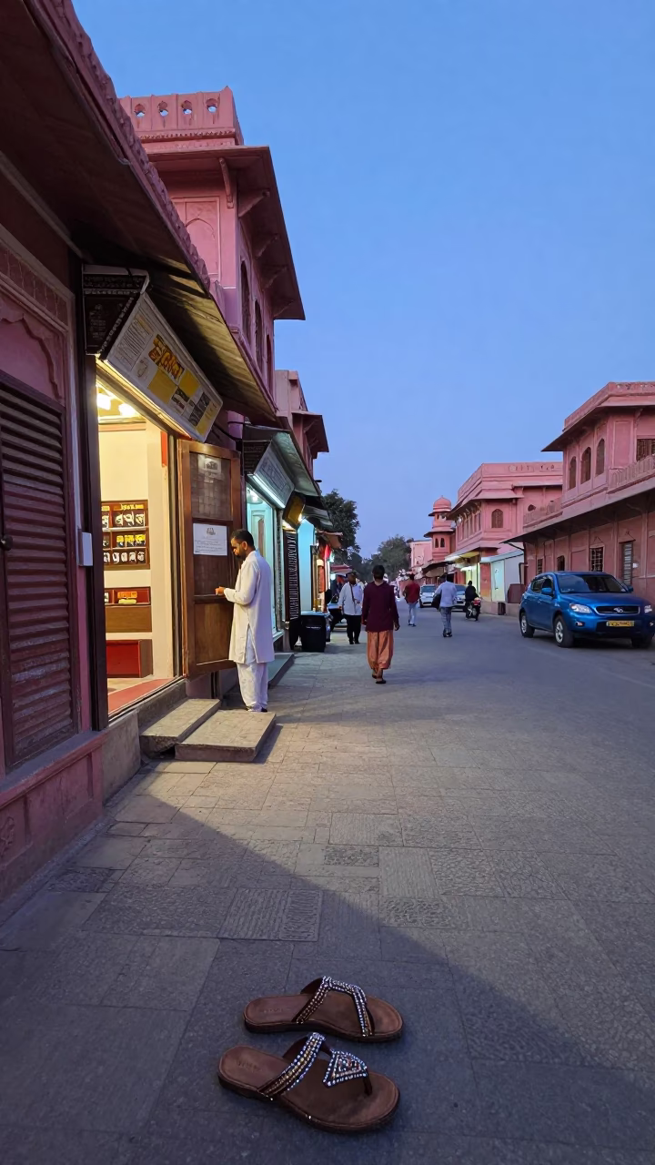 Evening Street Scene in Jaipur India with Beaded Sandals and Traditional Decor in in Jaipur, India
