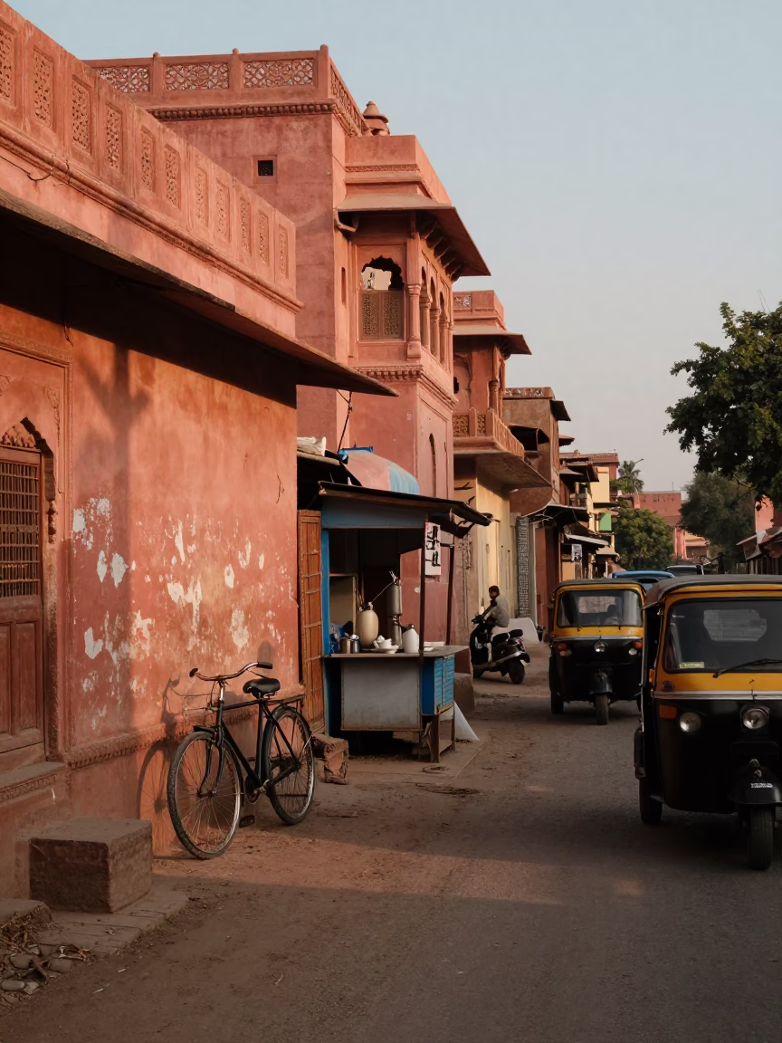 Evening Street Scene in Jaipur India with Bicycle and Auto-Rickshaw Traffic in in Jaipur, India