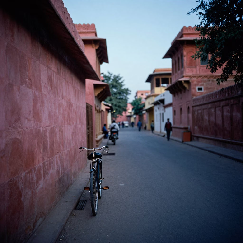 Evening Street Scene in Jaipur India with Bicycle and Brass Drainage Detail in in Jaipur, India