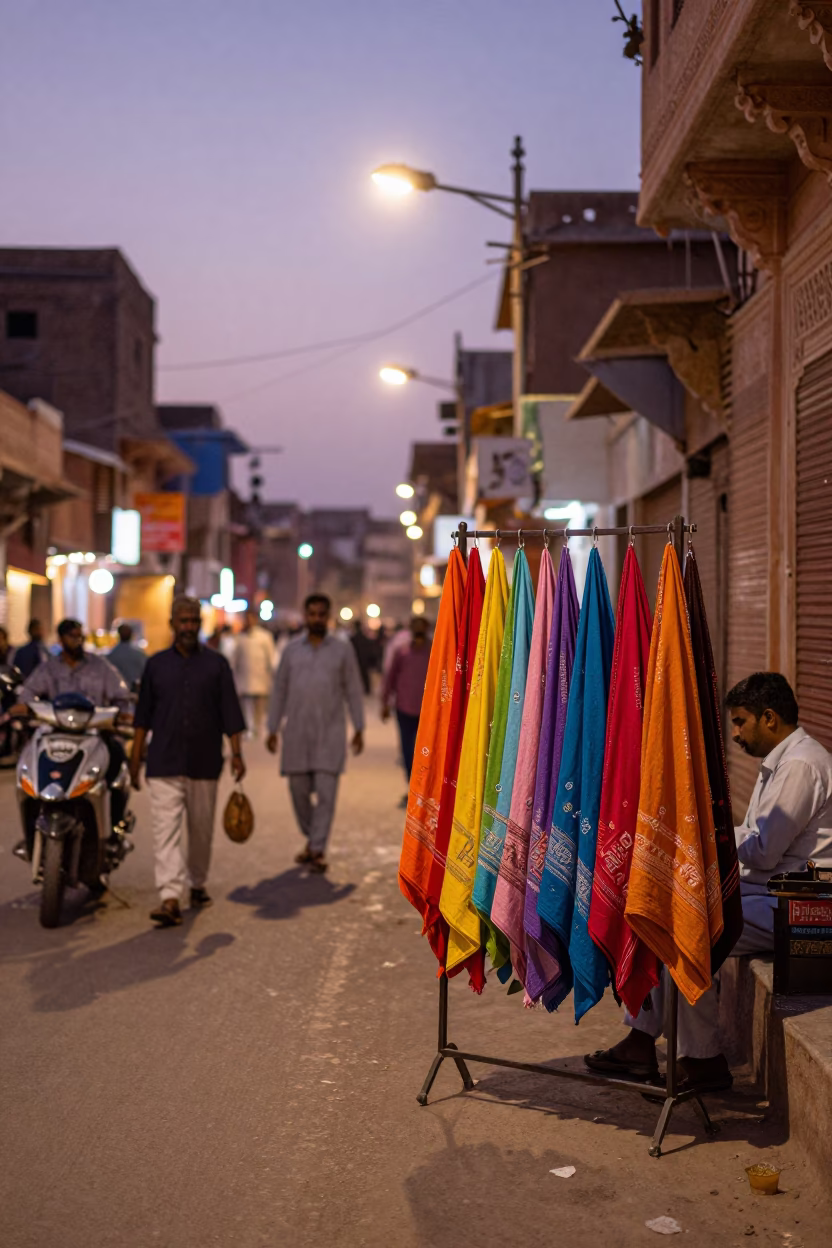 Evening Street Scene in Jaipur India with Colorful Tea Towels and Local Market Activity in in Jaipur, India