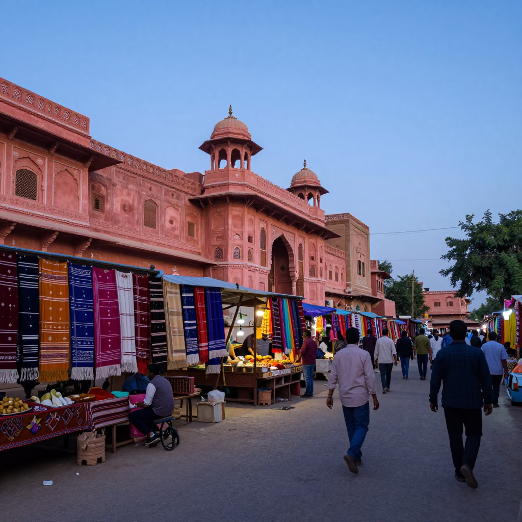 Evening Street Scene in Jaipur India with Colorful Textiles and Terracotta Pottery in in Jaipur, India