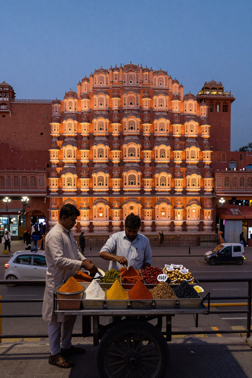 Evening street scene in Jaipur India with glowing city lights and local vendor in in Jaipur, India