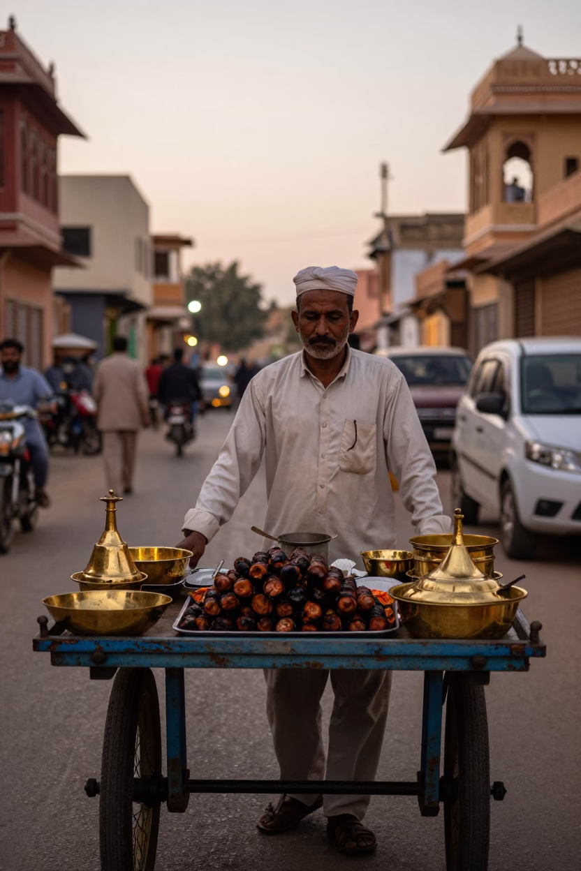 Evening street scene in Jaipur India with kofte tray and grilled peppers in in Jaipur, India