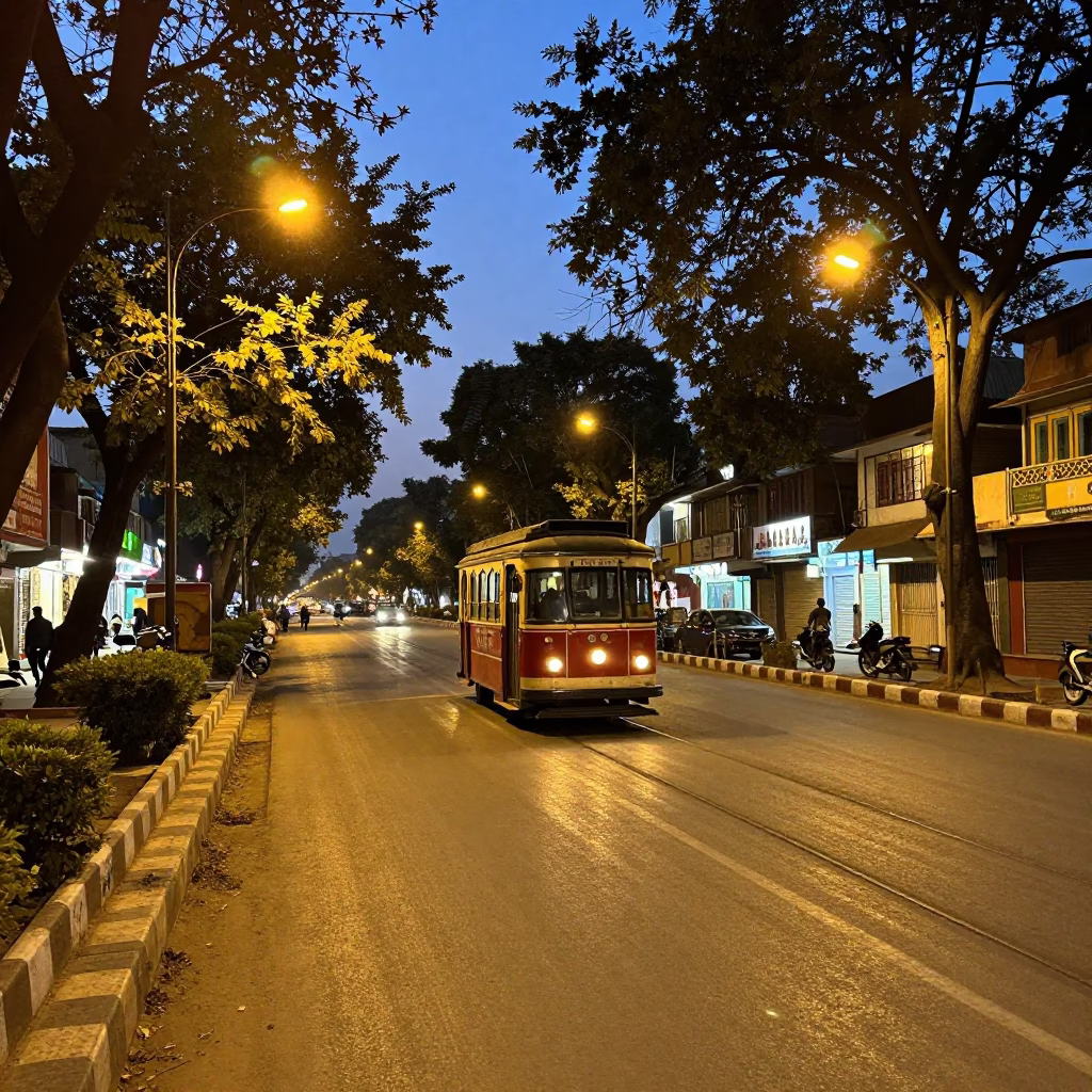 Evening Street Scene in Jaipur India with Old Trolley and City Lights in in Jaipur, India