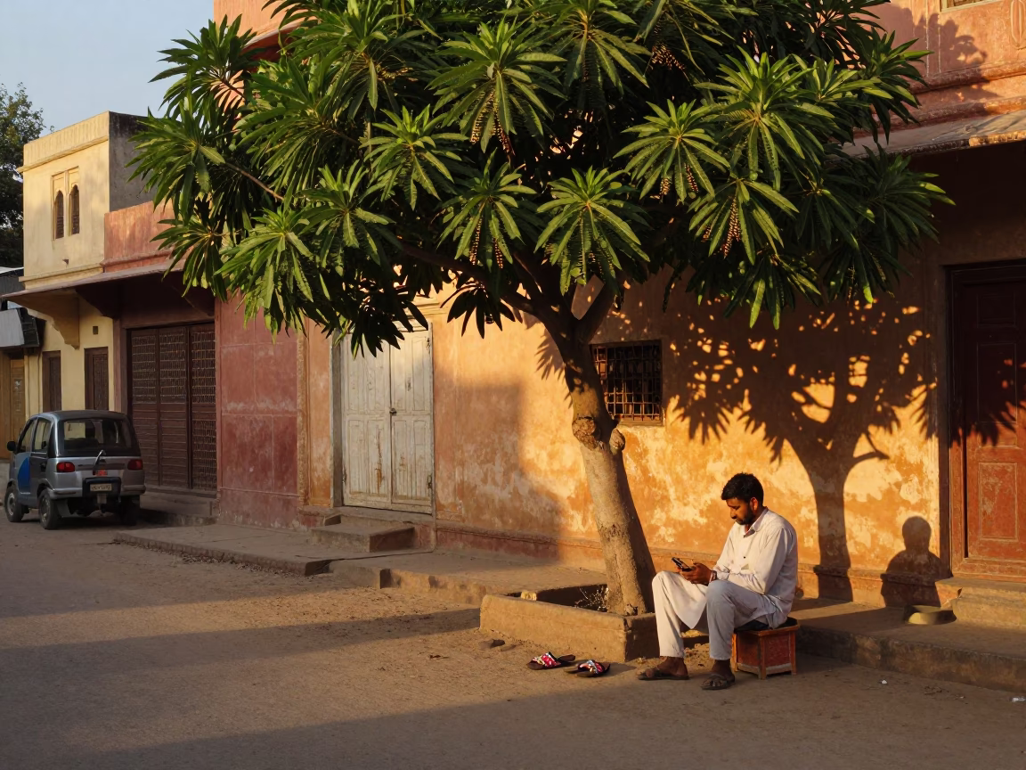 Evening Street Scene in Jaipur India with Papaya Tree and Beaded Sandals in in Jaipur, India