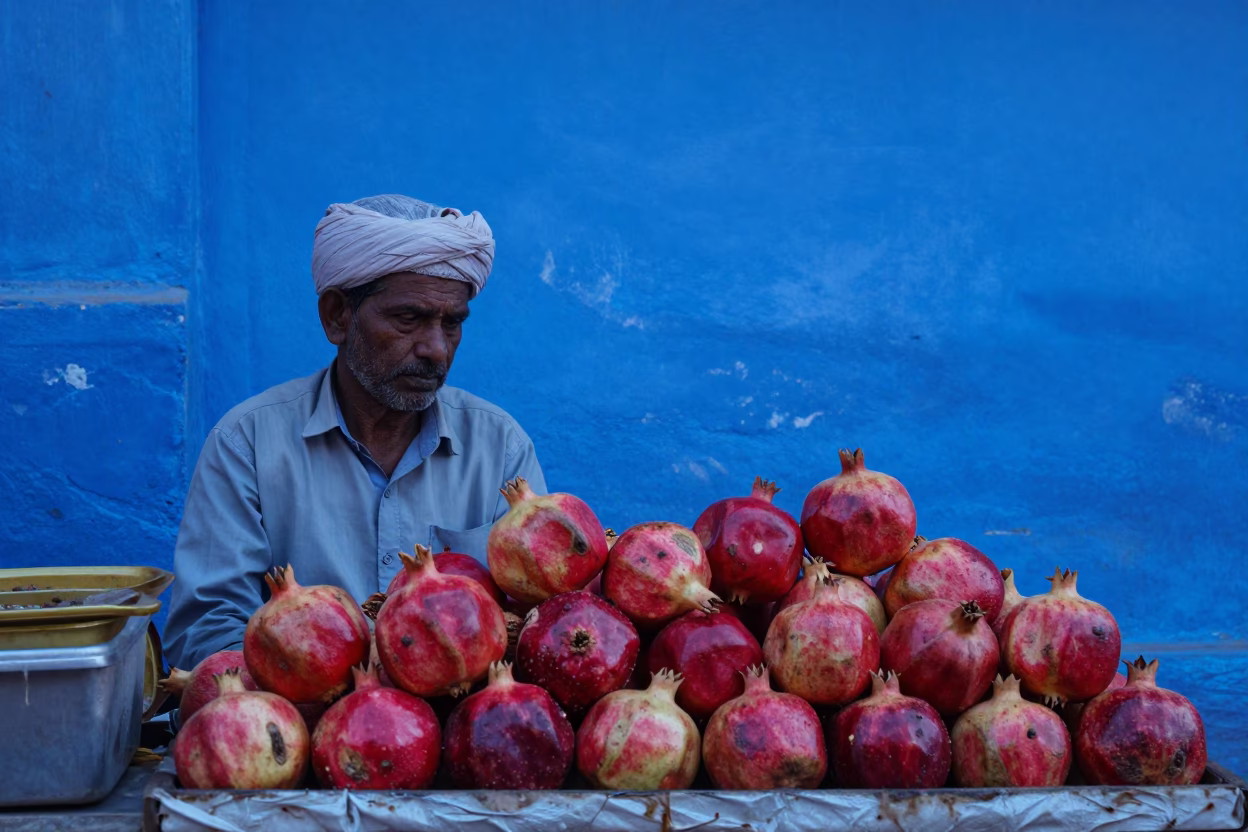 Evening Street Scene in Jaipur India with Pomegranate Vendor and Blue Hour Light in in Jaipur, India